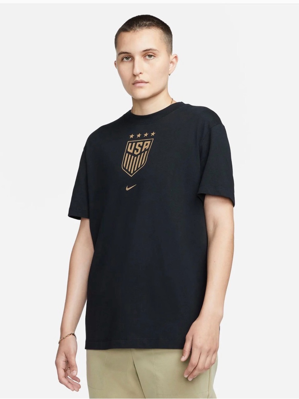 Nike Womens Black T-Shirt with Gold Star and Globe Graphic